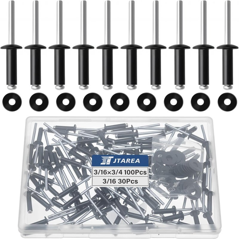 JTAREA 130pcs 3/16" x 3/4" Black Aluminum Pop Rivets with Stainless Steel Washers 4.8 x 20mm Blind Rivet Assortment Kit - Image 1